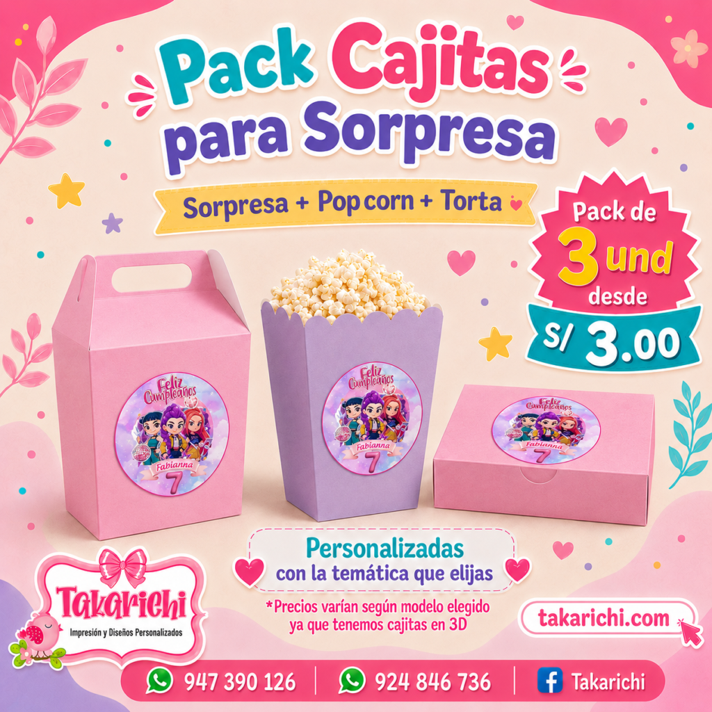 Cajas sorpresa, popcorn y cajas para torta personalizadas para fiestas