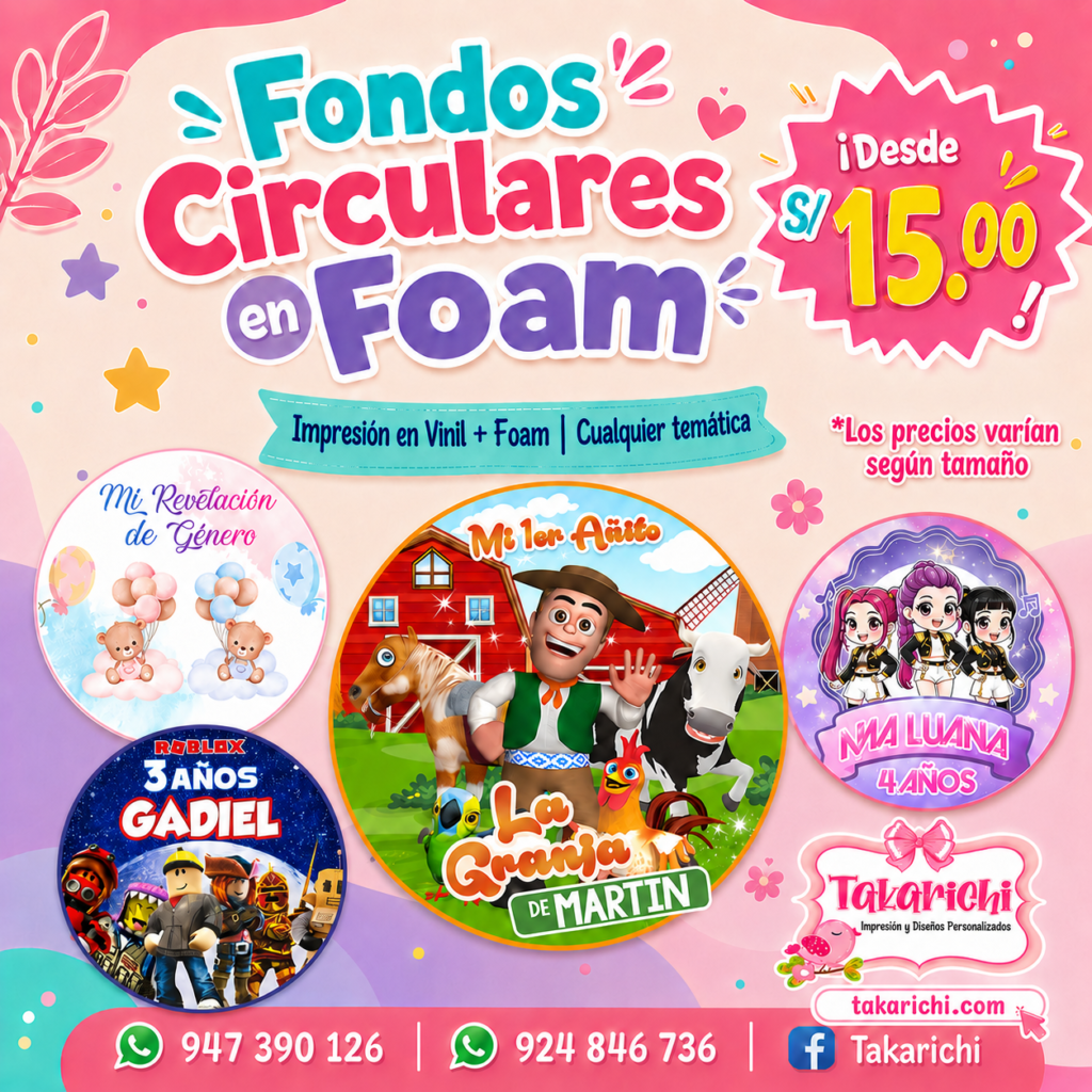 Fondos circulares personalizados en foam para fiestas y cumpleaños en Lima